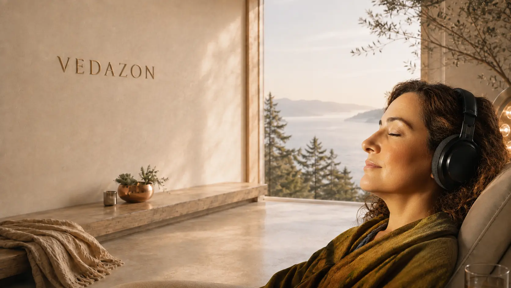 A woman in her early 40s rests with eyes closed and headphones in a light-filled Vedazon room overlooking the Salt Spring Island coast.