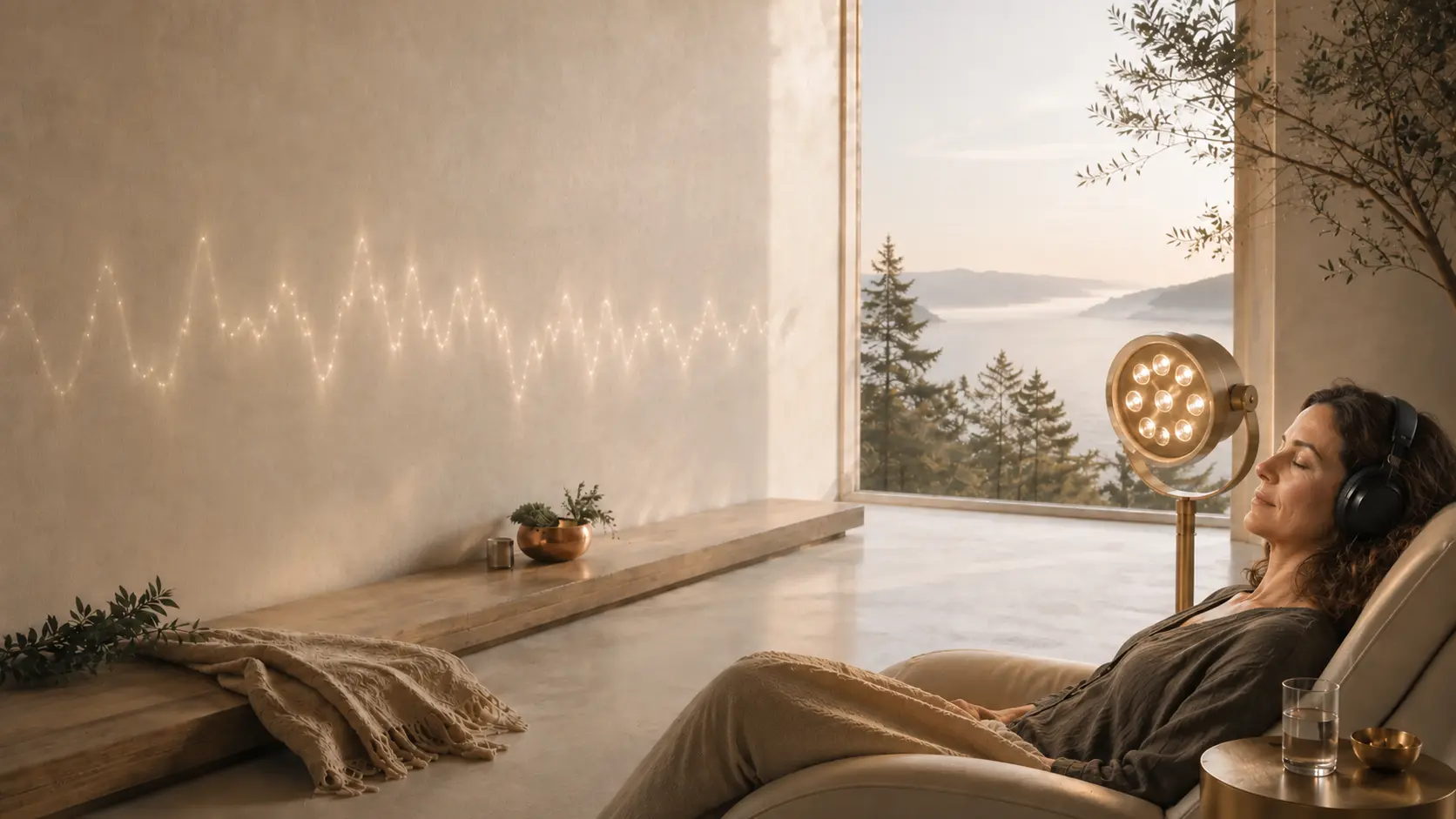A woman reclines with headphones during a NeuroVeda light and sound experience, beside a multi-LED light with the Salt Spring Island coast beyond the window.