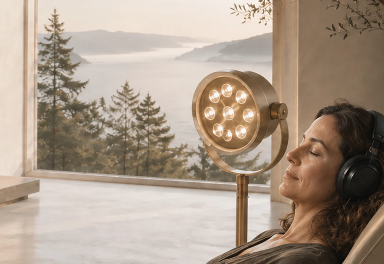 A participant rests with eyes closed and headphones beside a multi-LED light in a softly lit coastal room.