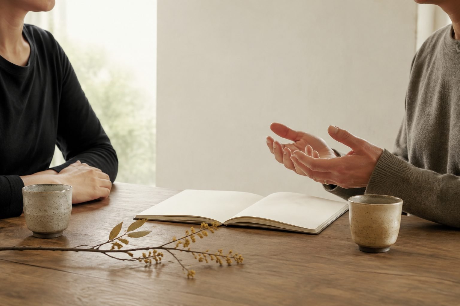 Two people in conversation at a table, one gesturing with open hands.