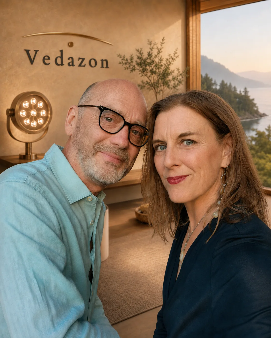 Jo and Erik Tandberg, Vedazon's co-founders, together at their practice on Salt Spring Island.